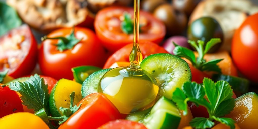 Bunte mediterrane Speisen mit Olivenöl und Gemüse.