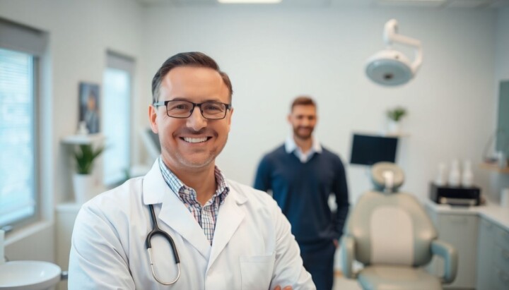 Zahnarzt lächelt in heller Praxis mit Patient.