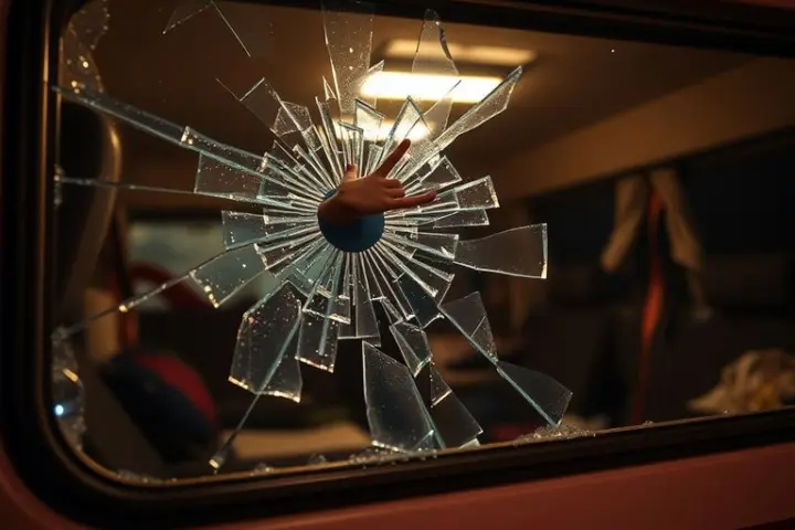 Zerschlagenes Fenster eines Wohnmobils mit Scherben.