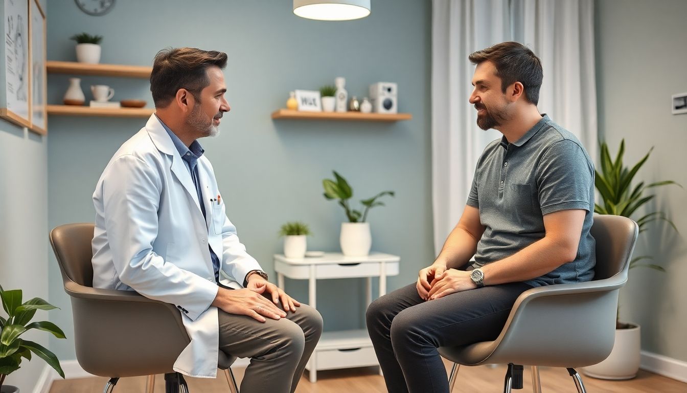 Ohrakupunktur: Arzt bespricht Ohrakupunktur mit Patient in heller Praxis.