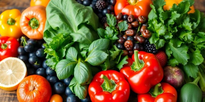 Vegane Ernährung: Buntes Gemüse und Obst auf einem Holztisch.