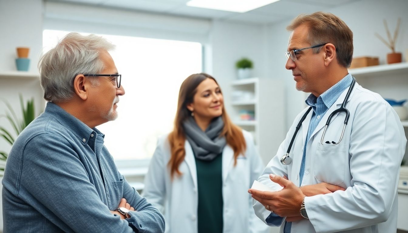 Peritonealdialyse: Arzt spricht mit einem Patienten in einer hellen Praxis.