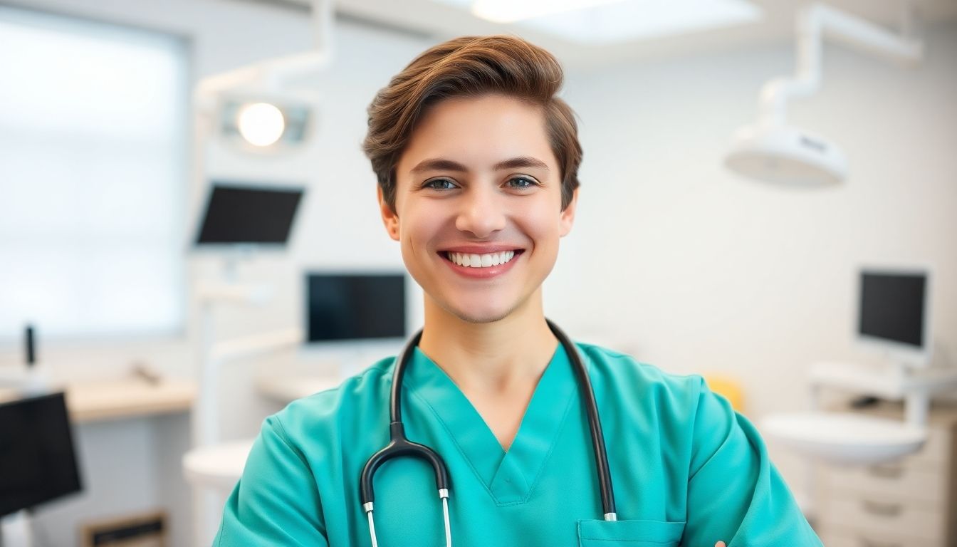 Zahnbrücke: Dentist smiling in a bright dental practice.