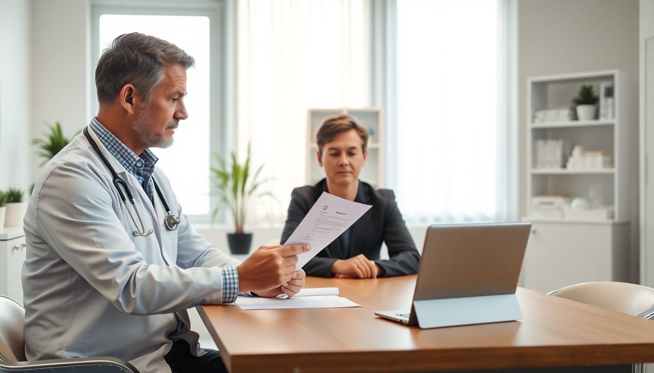 Arzt und Patient besprechen medizinische Unterlagen in einer Praxis.