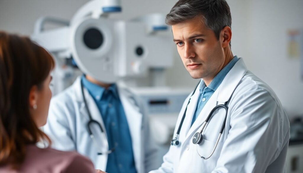 Ursachen von Rückfallfieber: Doctor examining a patient in a clinical environment.