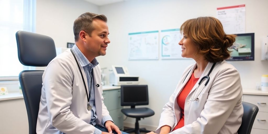 Diagnoseverfahren für Morton-Neurom: Patient und Arzt in einer hellen Arztpraxis.