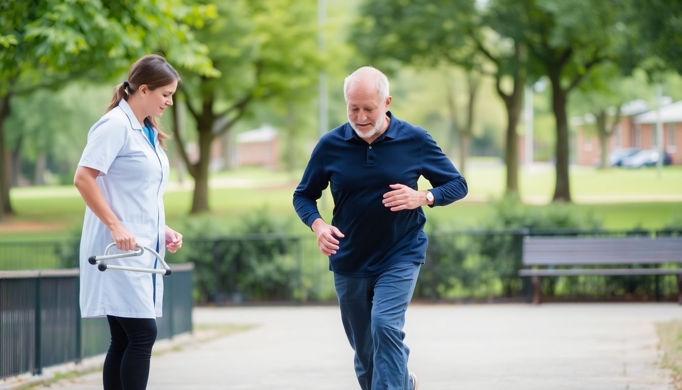 Gangschulung: Man practicing gait training in a park with a therapist.