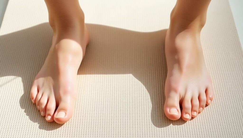 Fußgymnastik: Two bare feet resting on a yoga mat in a bright room.