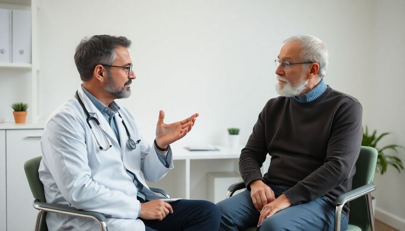 Chelattherapie: Arzt und Patient im Gespräch in einer hellen Praxis.