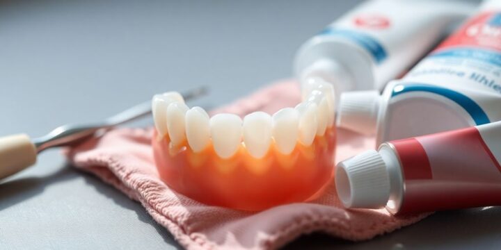 Nahaufnahme von Zahnprothese und Reinigungsmittel