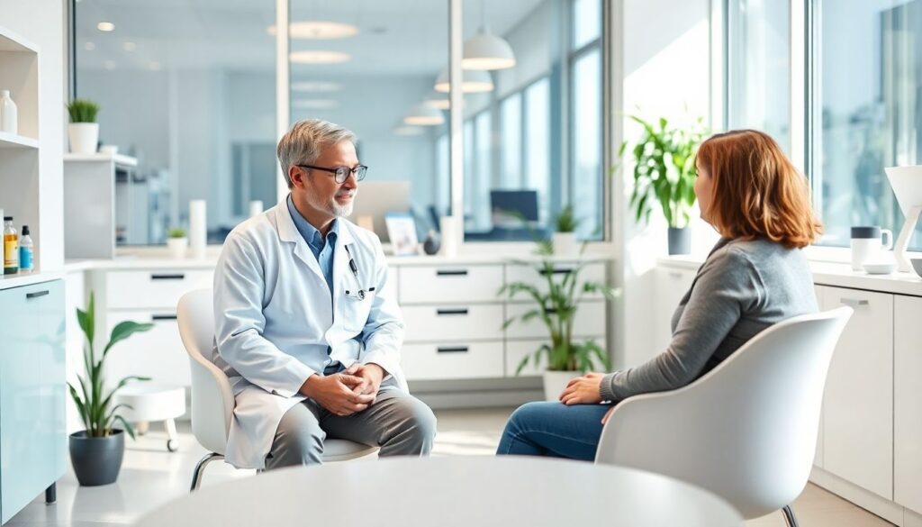 Arzt und Patient besprechen Inhalationstherapie in heller Praxis.