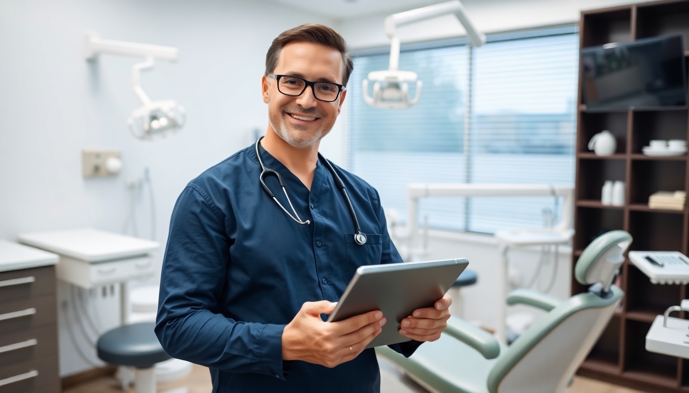 Dentist with a tablet in a dental office.