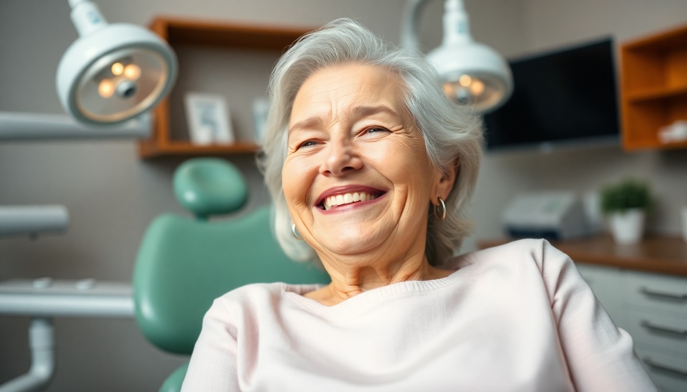 Smiling elderly woman in a dental office.