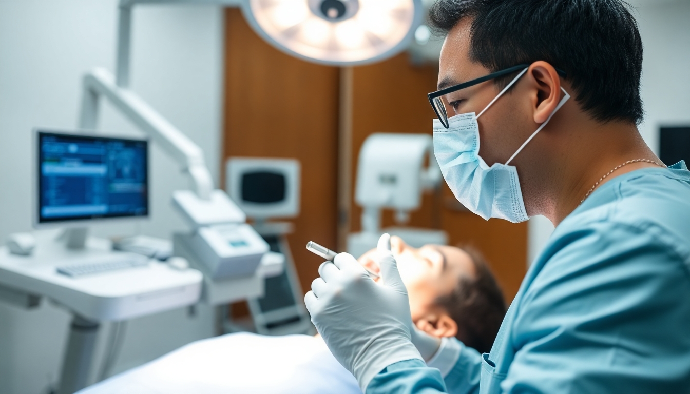 Dentist in an operating room performing oral surgery.