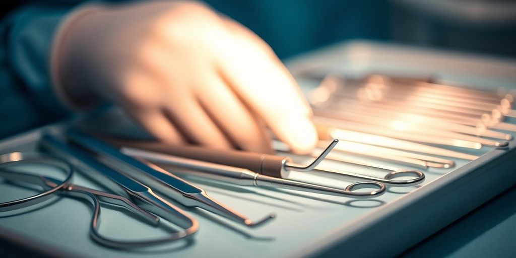 Zahnärztliche Instrumente auf einem sterilen Tisch.