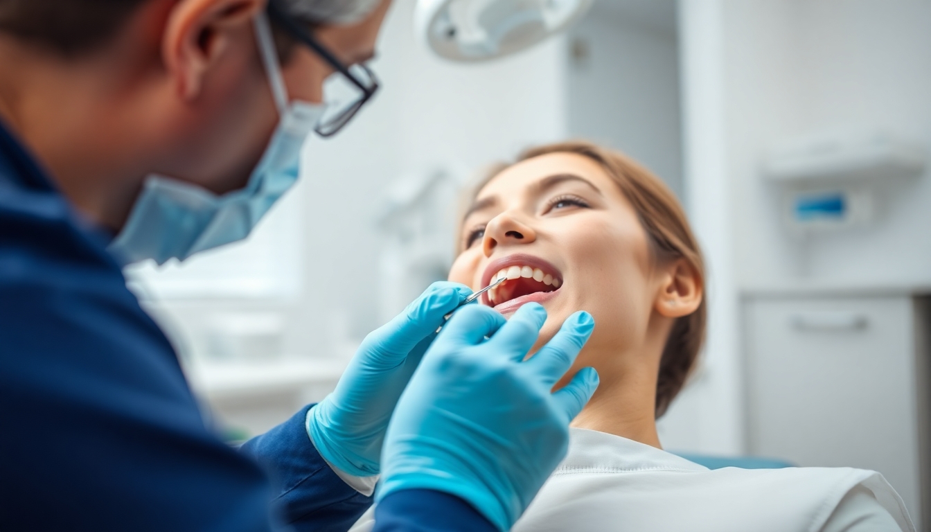 Dentist examining a patient's gums during a dental check-up.