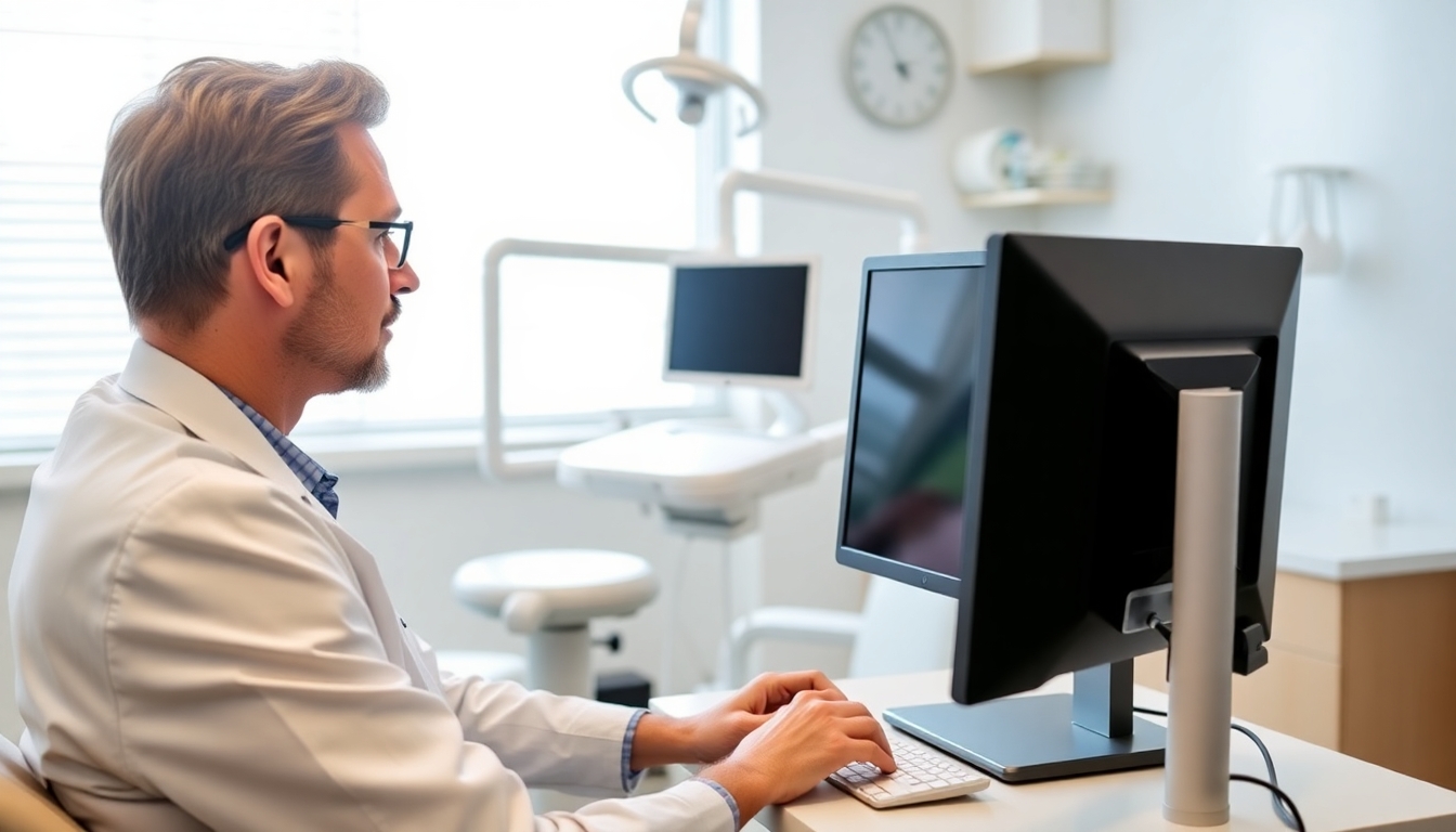 Dentist at computer in bright dental office.