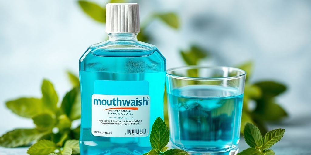 Mundspülung Flasche mit frischem Minzblatt.