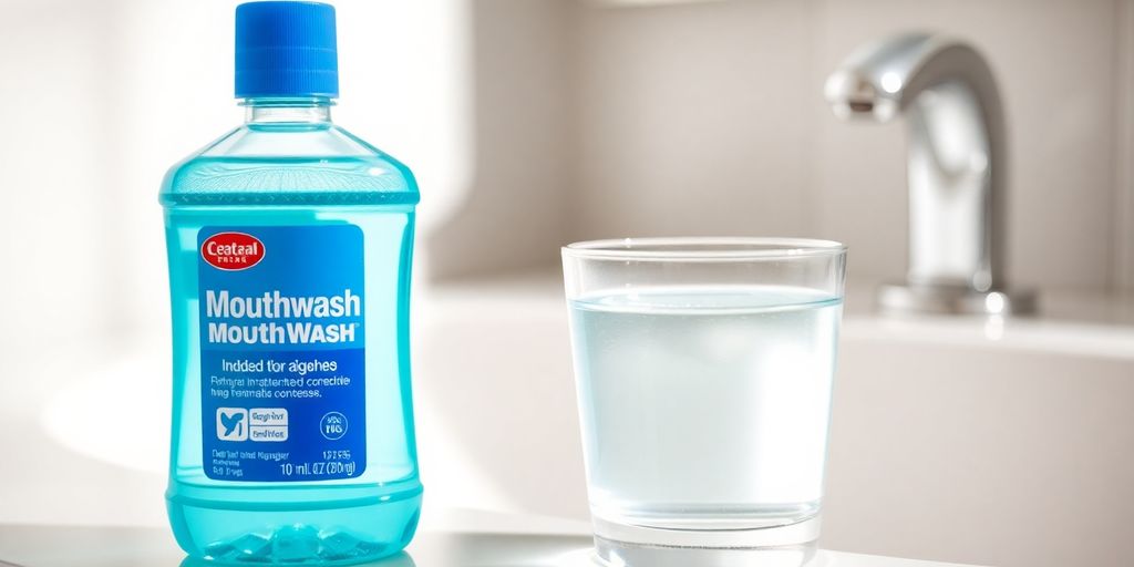Mundspülung in einem Glas neben einer Flasche.
