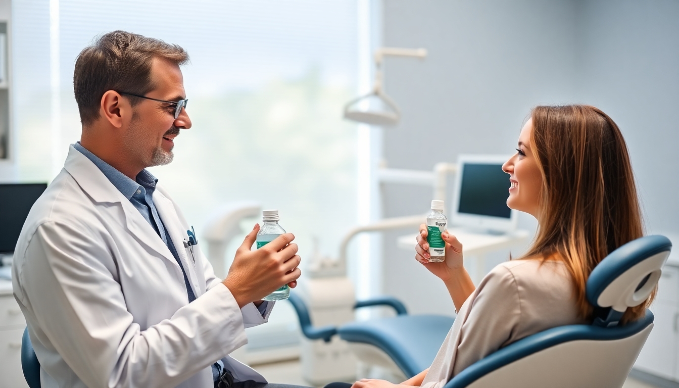 Dentist advising a woman about mouthwash.