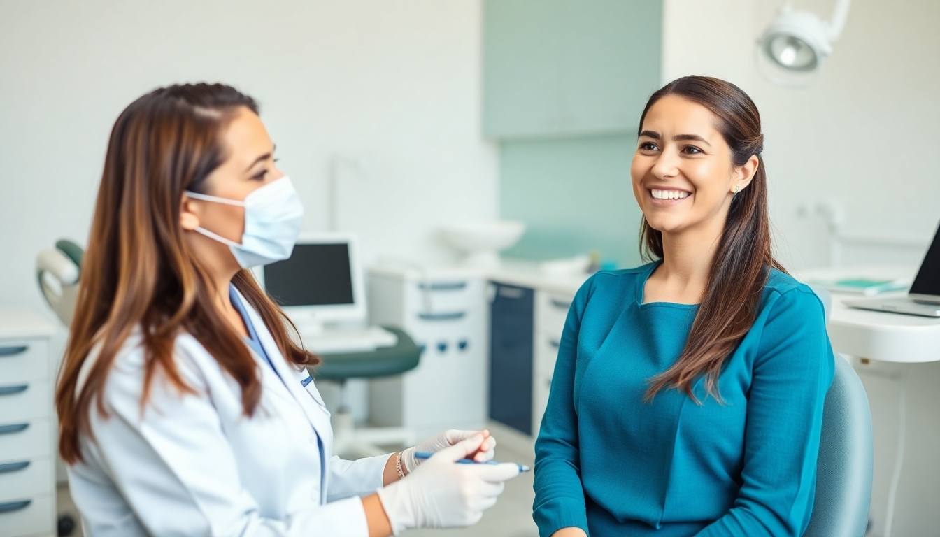 Dentist talking to a female patient about dental care.