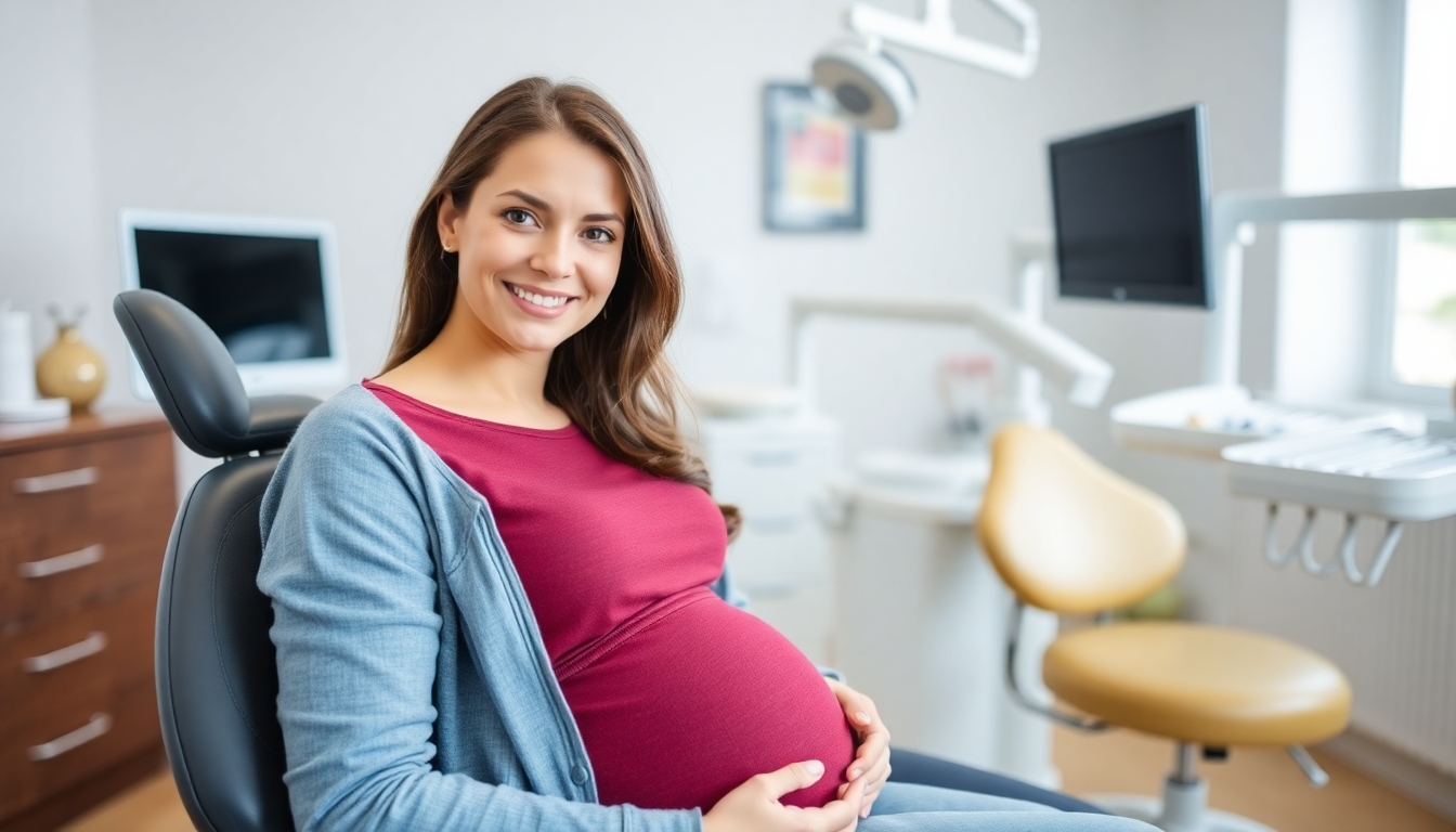 Pregnant woman in a dental office setting.
