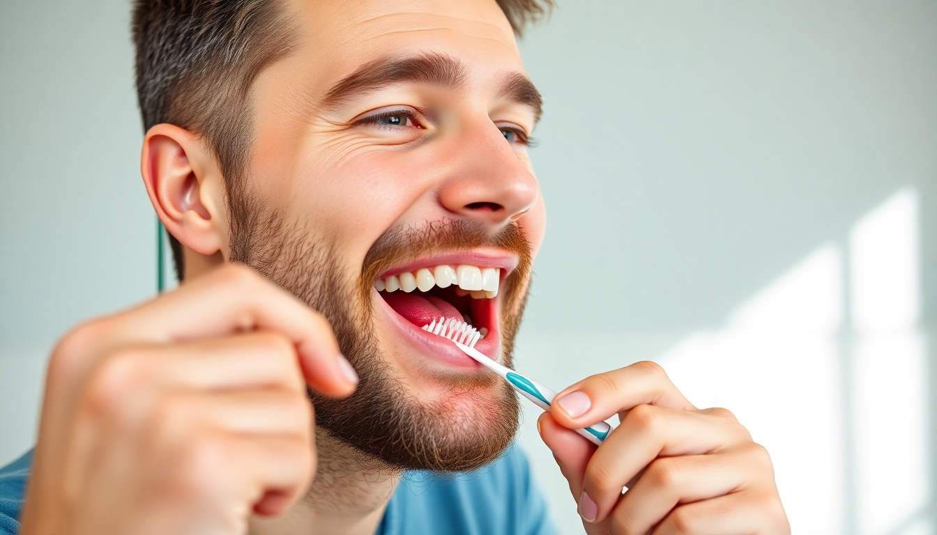 Man brushing teeth in a bright bathroom.