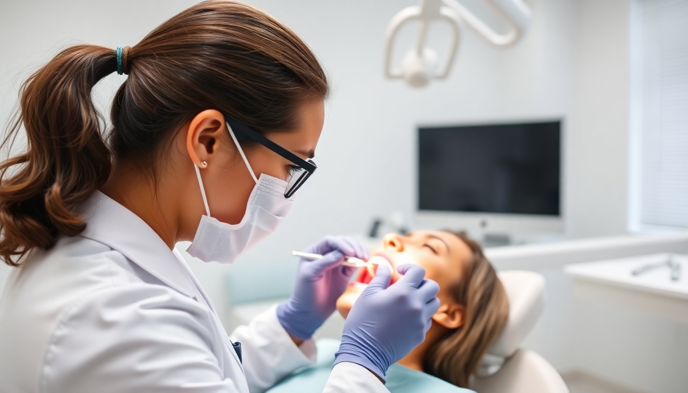 Dentist examining a patient's teeth in a dental office.