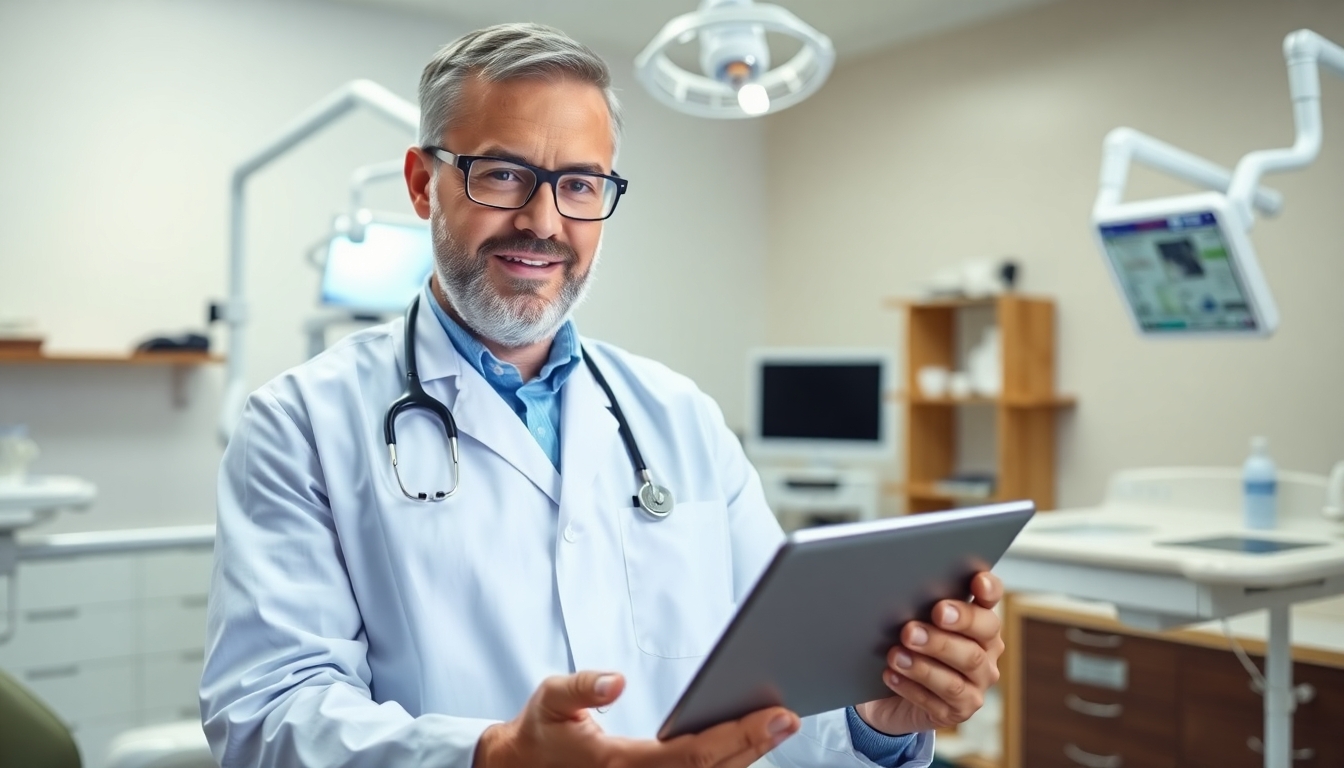 Dentist with tablet discussing dental abrasion treatment.