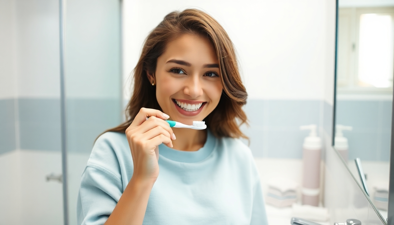 Woman caring for her teeth in a bright bathroom.