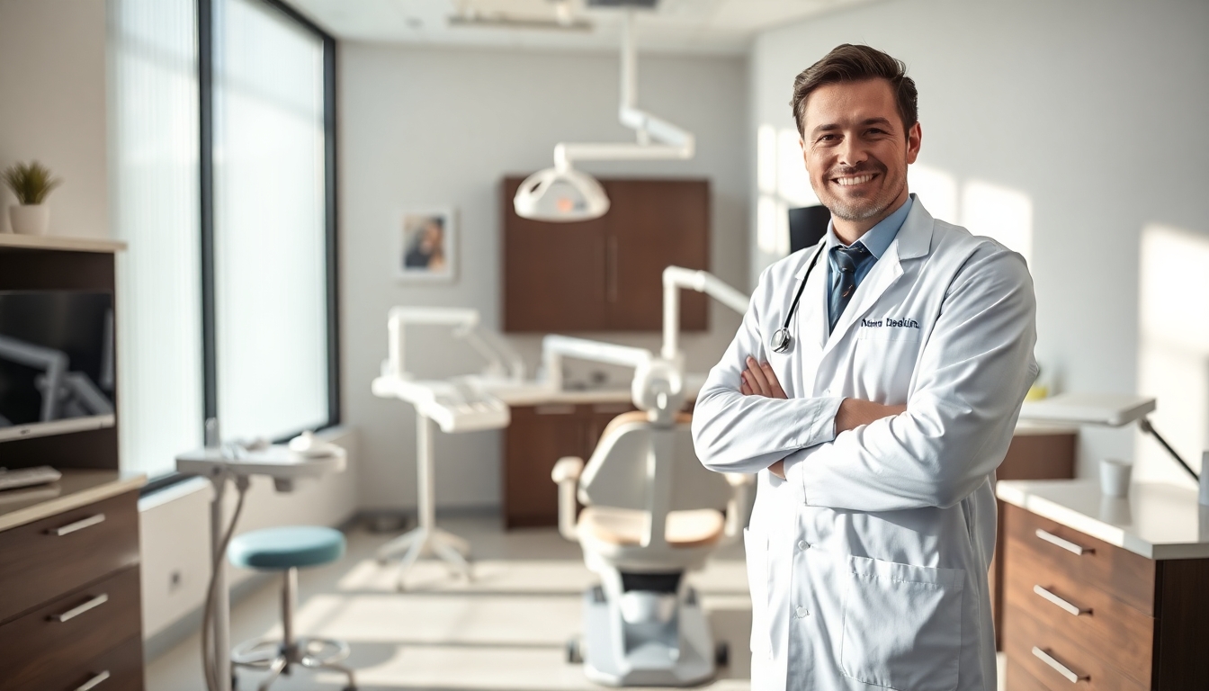 Dentist in a modern, bright dental practice.
