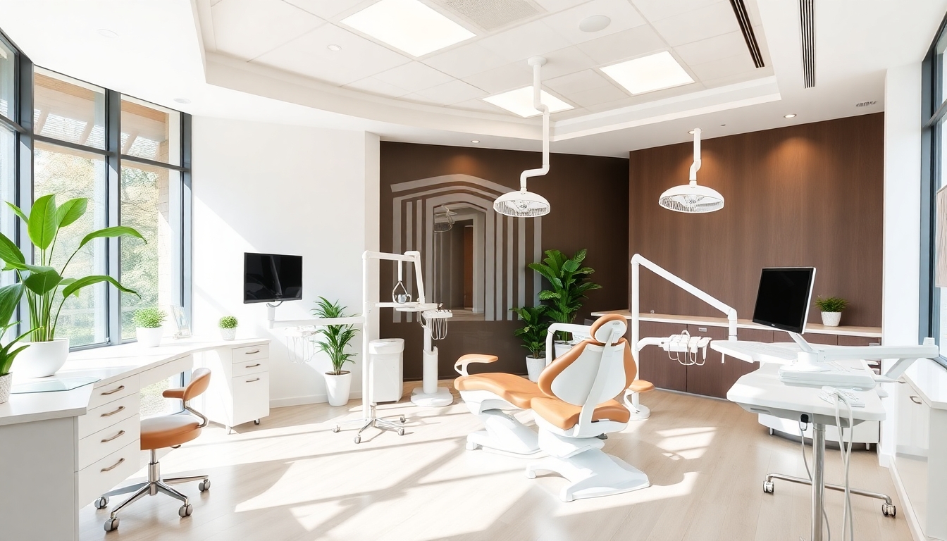 Modern dental practice interior with bright design and equipment.