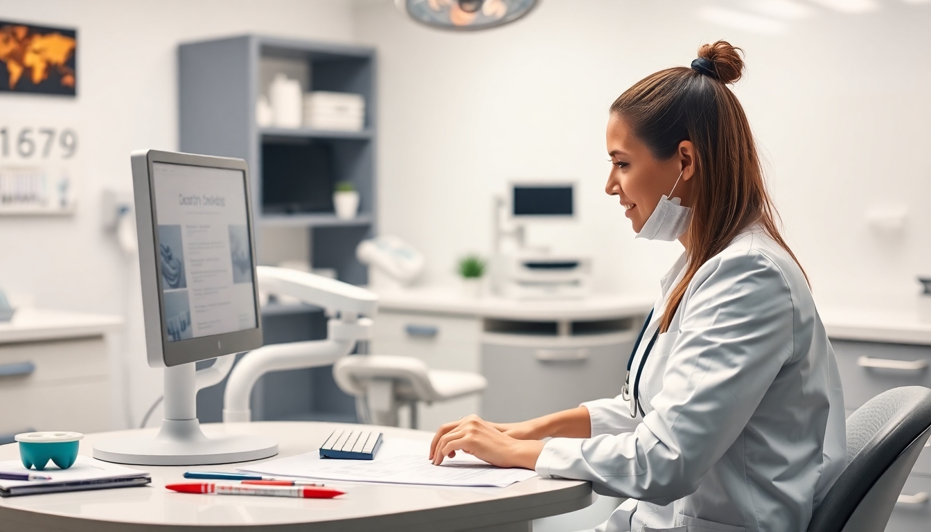 Dentist at desk with dental tools and patient files.
