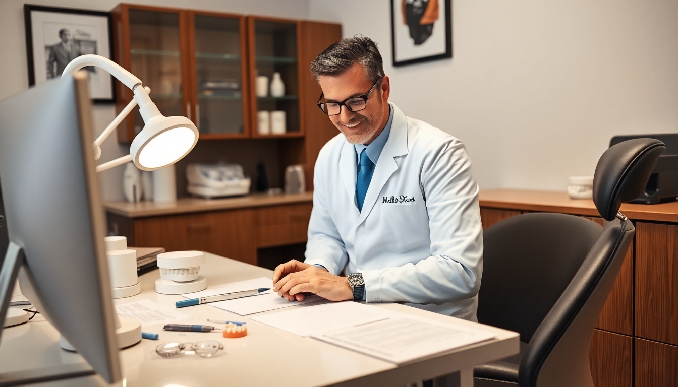 Dentist at desk with dental tools and records.