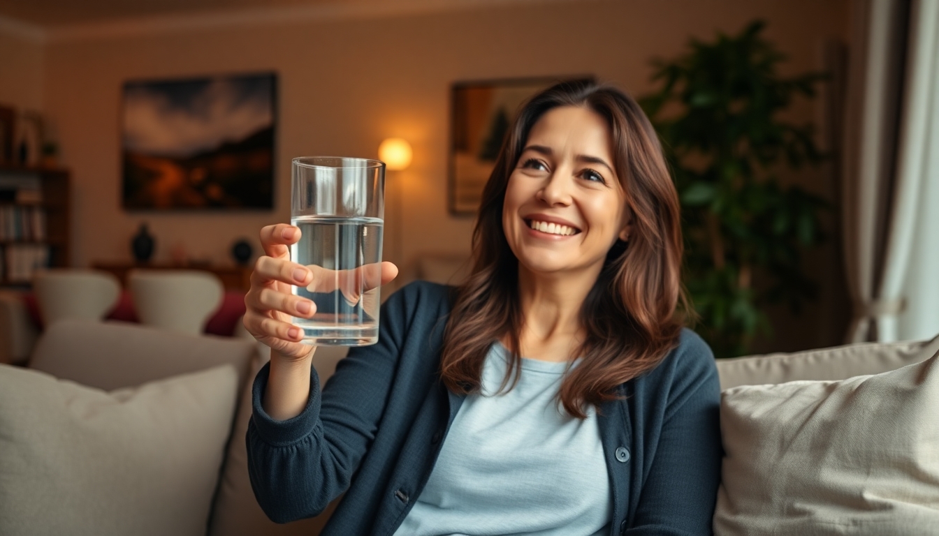 Frau trinkt ein Glas Wasser gegen Mundtrockenheit