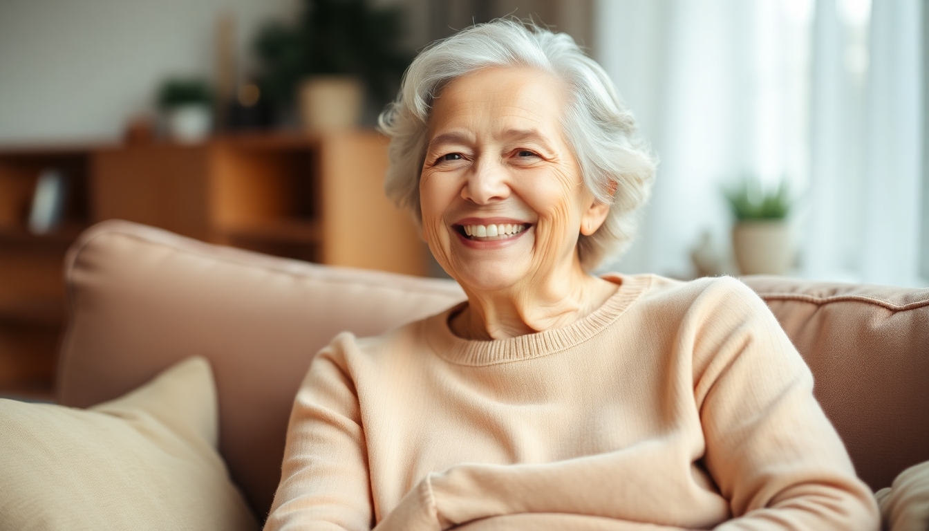 Smiling older woman on a sofa, exuding warmth and comfort.