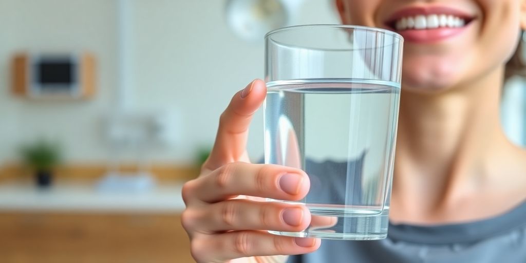 Person mit Wasserglas zur Linderung von Mundtrockenheit.