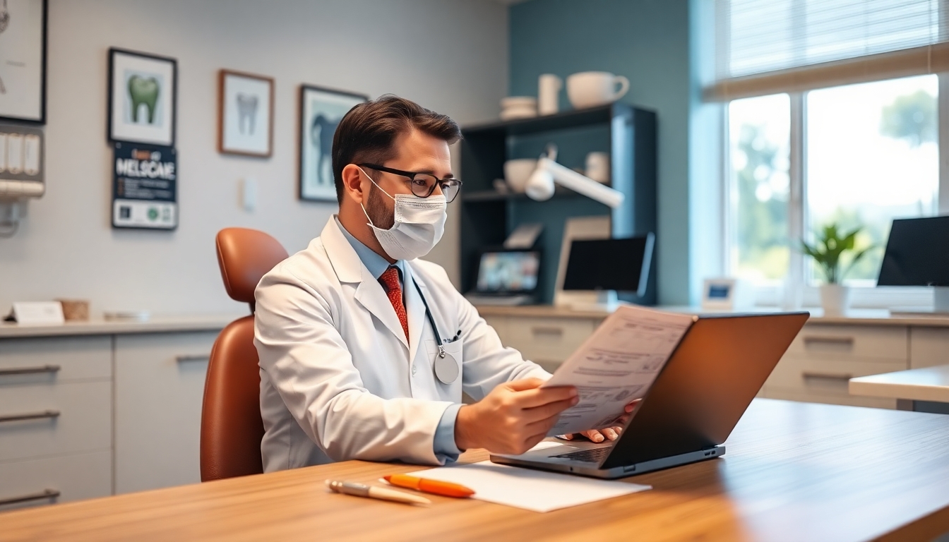 Dentist at desk with dental tools and charts.