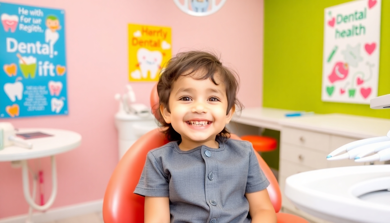 Smiling child in a dental office setting.