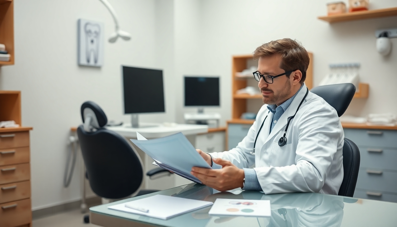 Dentist at desk with patient files and dental tools.