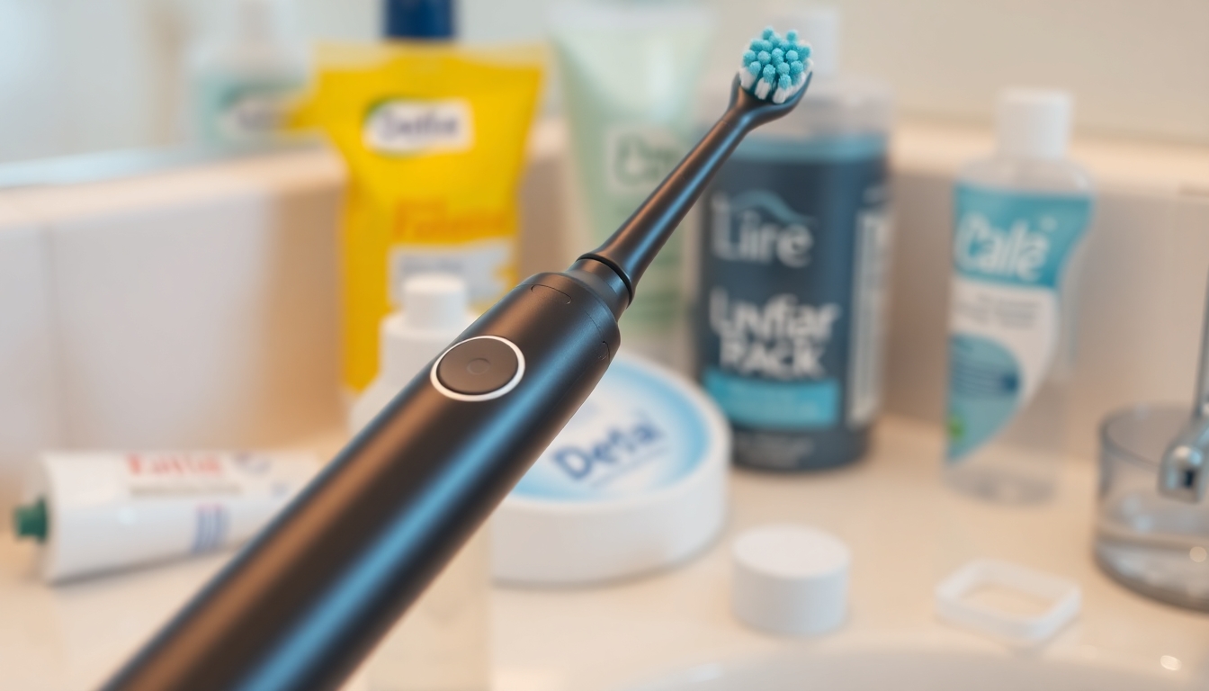 Electric toothbrush on a bathroom counter with dental products.