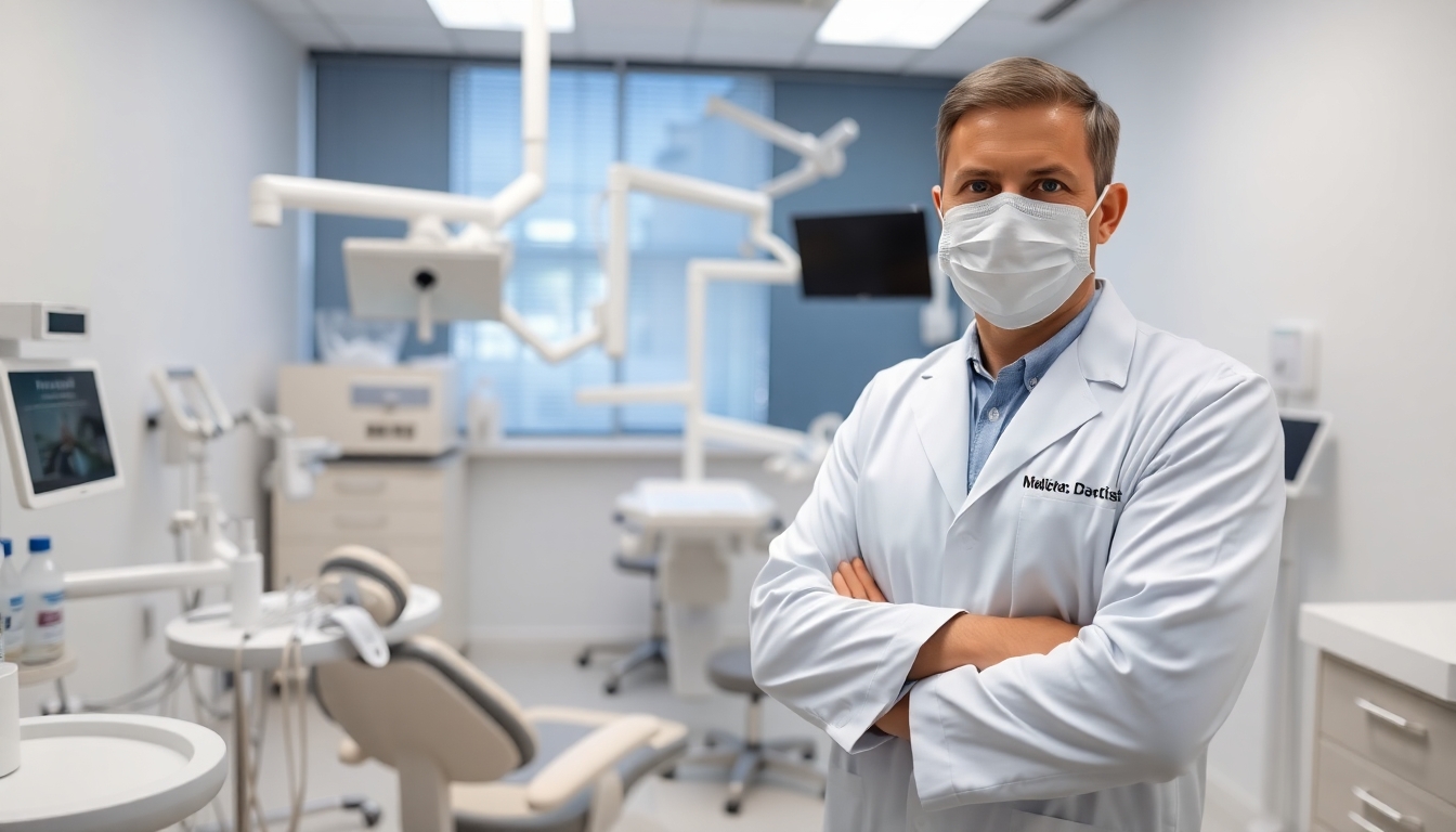 Dentist in a modern dental practice setting.