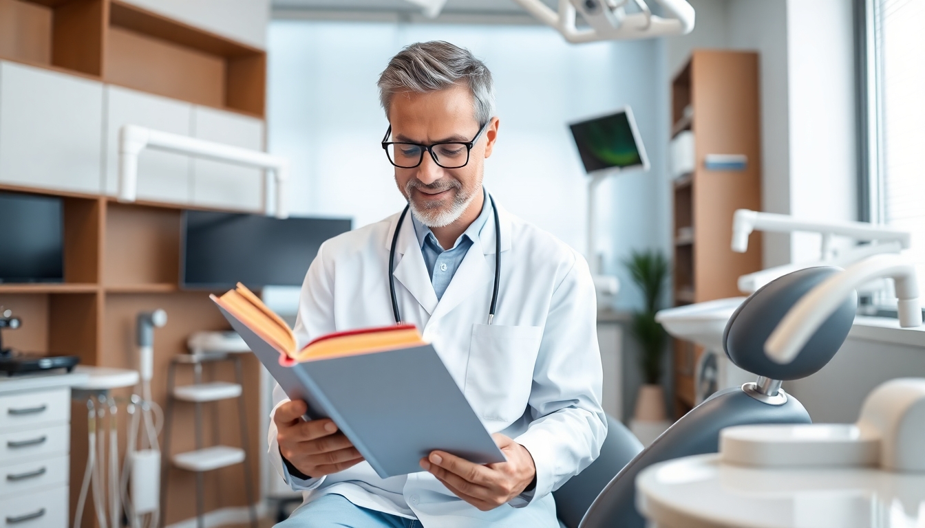 Dentist reading a book in a dental office.