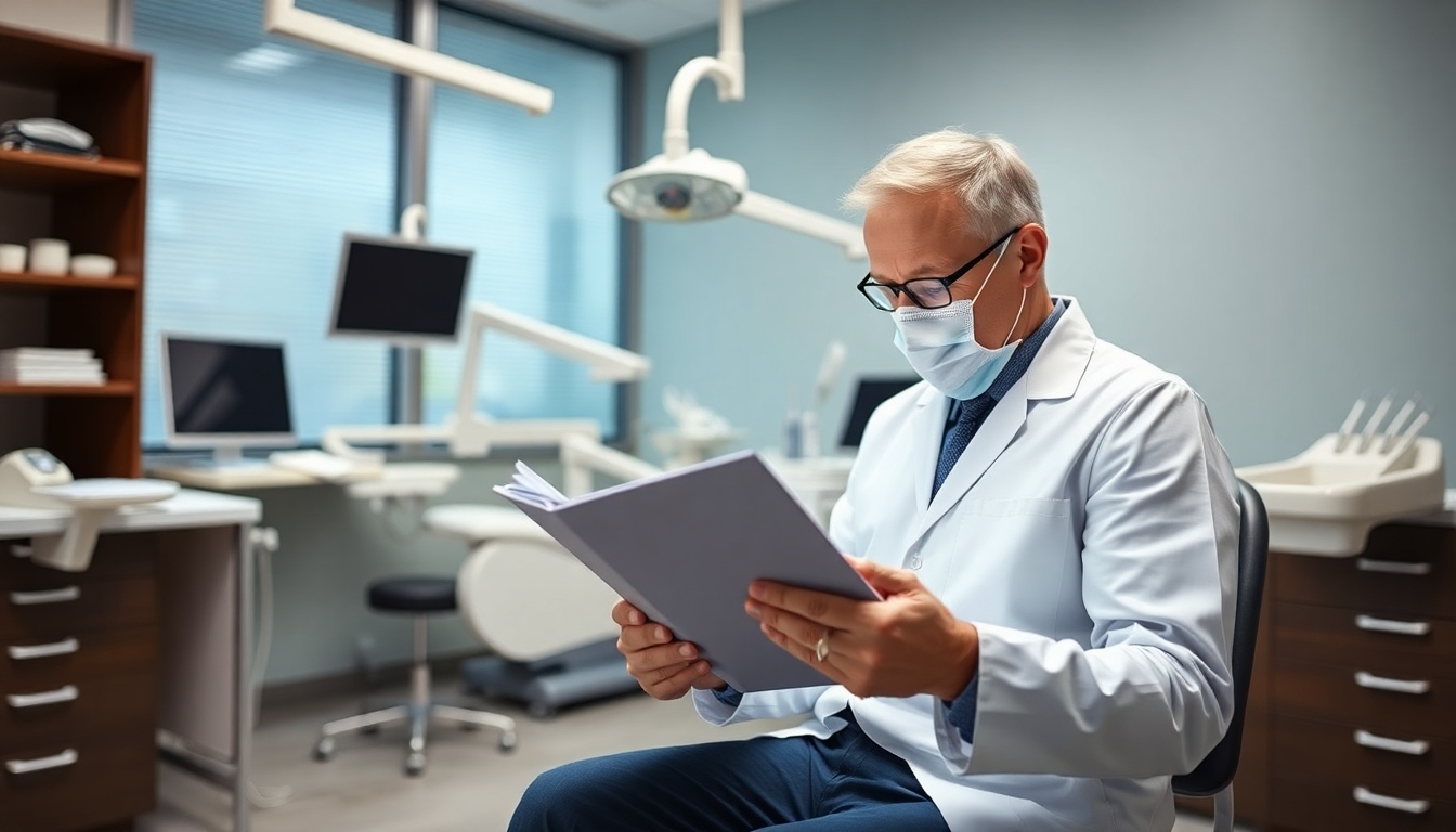 Dentist reviewing patient files in a dental office.