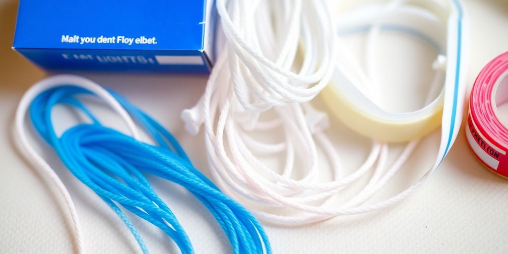 Verschiedene Arten von Zahnseide auf hellem Hintergrund.