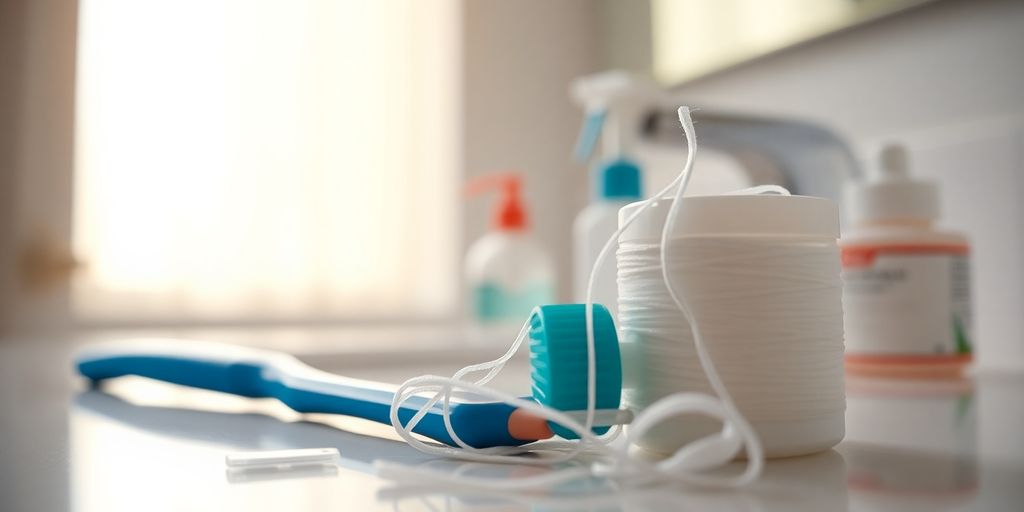 Zahnseide und Zahnbürste auf einem Badezimmerwaschtisch.