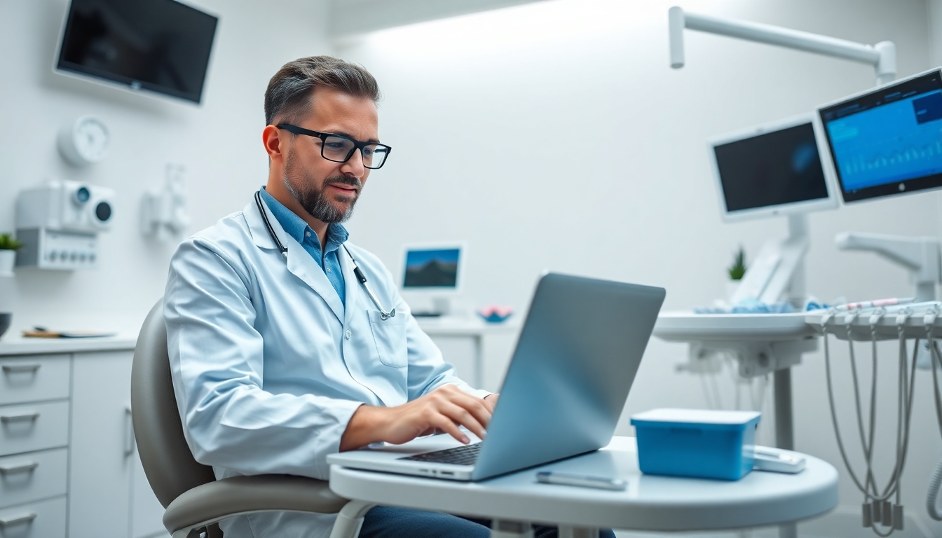 Dentist using laptop in a dental office.