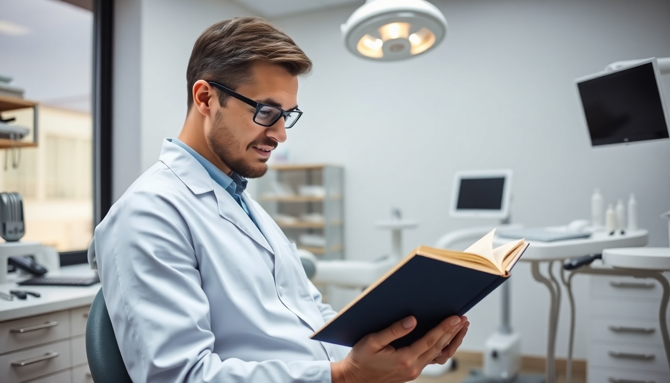 Dentist reading a book in a dental office.