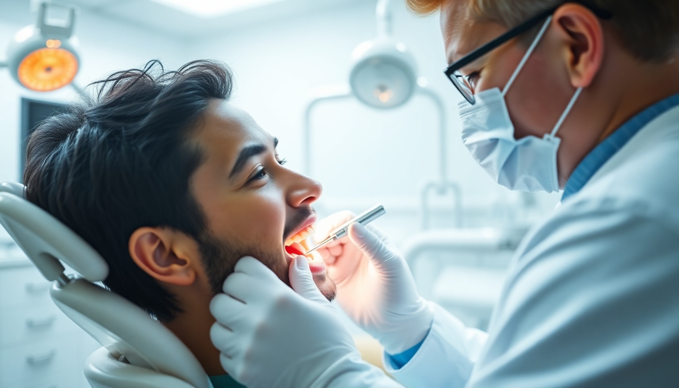 Dentist examining patient's teeth in a dental office.