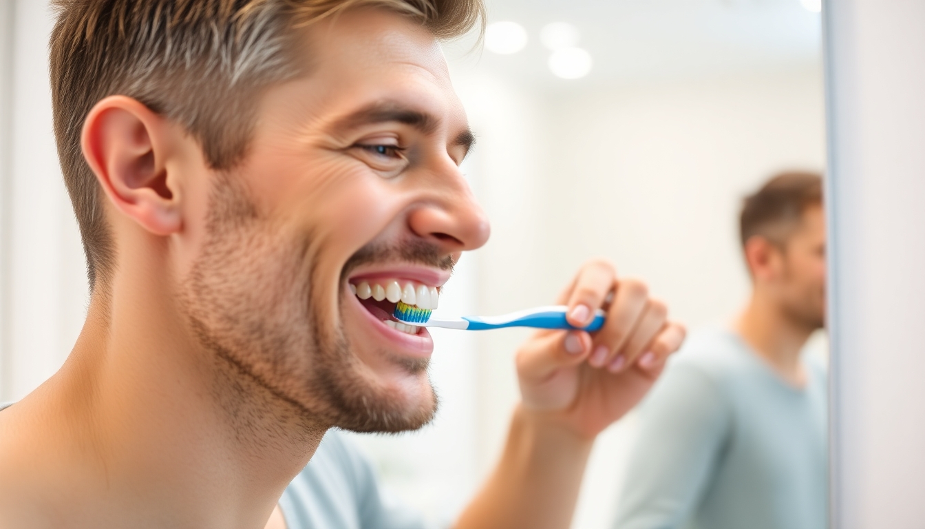 Man brushing teeth in a bright bathroom.